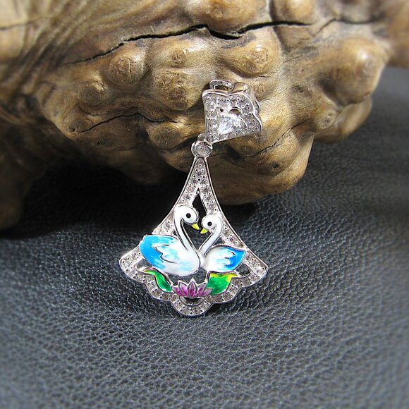 Solid 925 Sterling Silver and Blue & White Enamel Swans Pendant, Colorful Charm - Picture 1 of 8